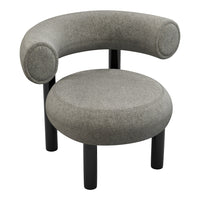 Curved grey chair with smooth upholstery and black legs, featuring a minimalist, modern design. Perfect for any decor style.