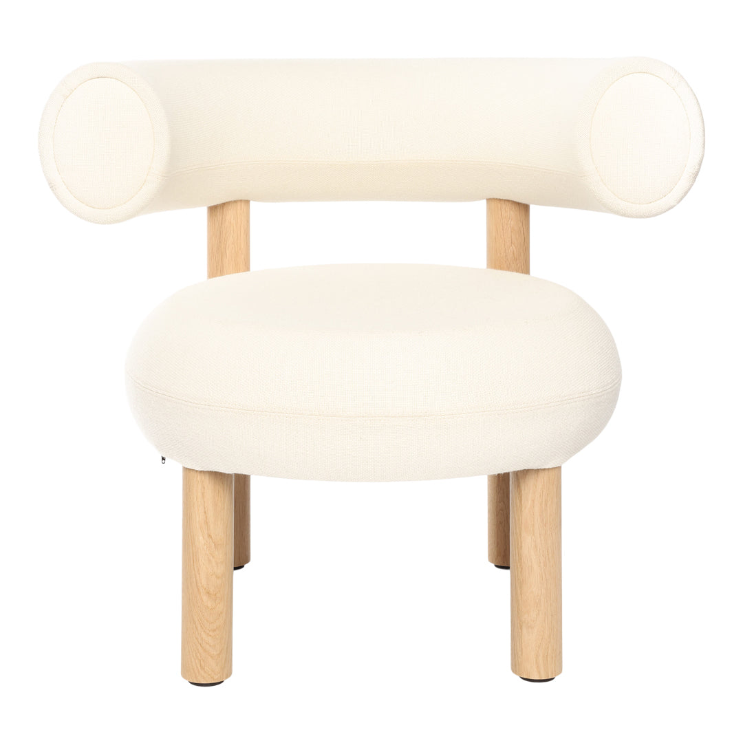 Cream-colored round chair with soft contours and light wooden legs, featuring a smooth, minimalist design.
