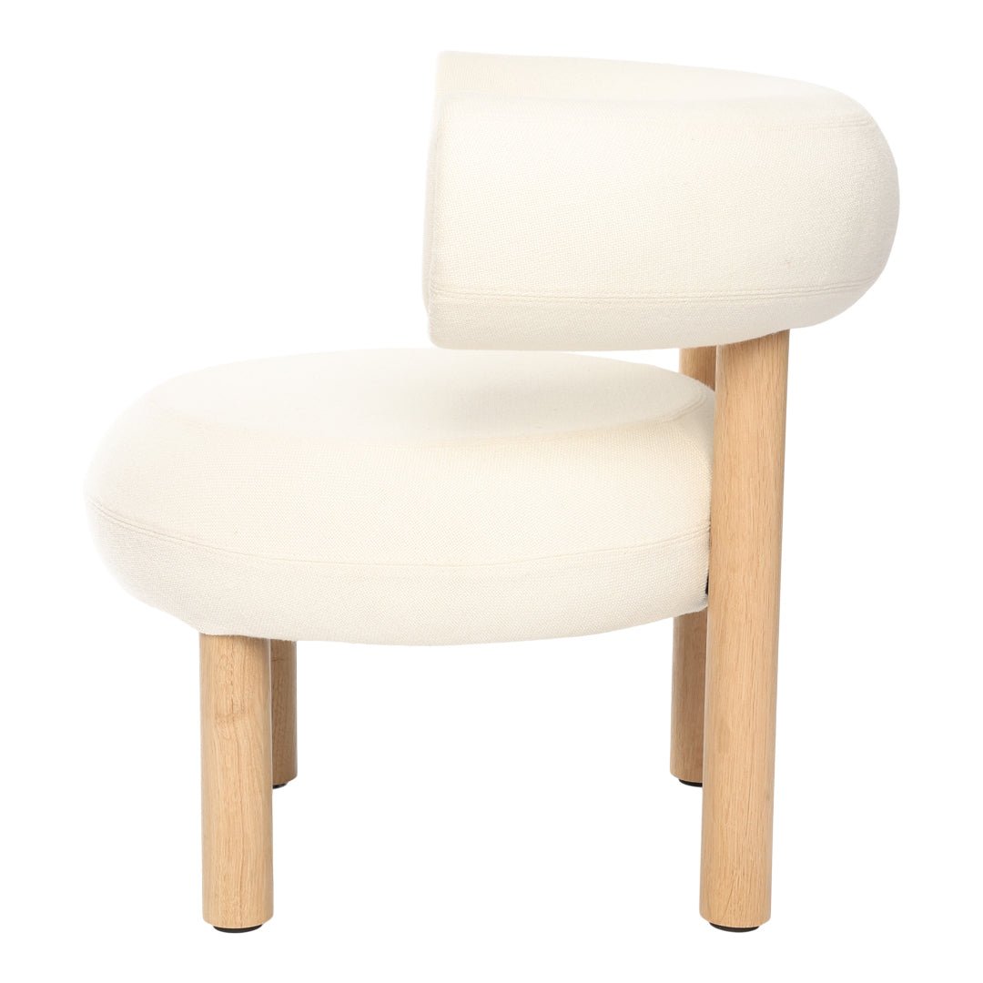 "Curved cream-colored chair with smooth upholstery and natural wood legs, perfect for modern decor."