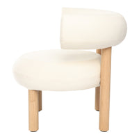 "Curved cream-colored chair with smooth upholstery and natural wood legs, perfect for modern decor."