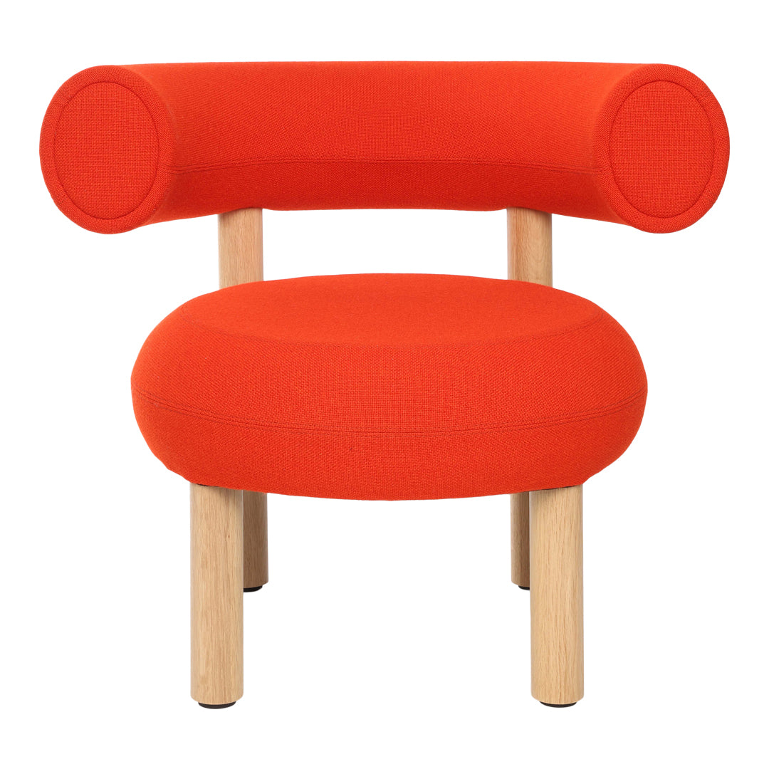 Bright orange modern chair with rounded backrest and armrests, featuring a textured fabric and natural wood legs.