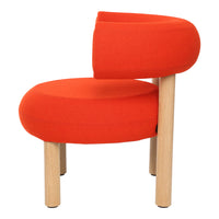 Bright orange upholstered chair with smooth, rounded shapes and natural wood legs. Ideal for modern decor.