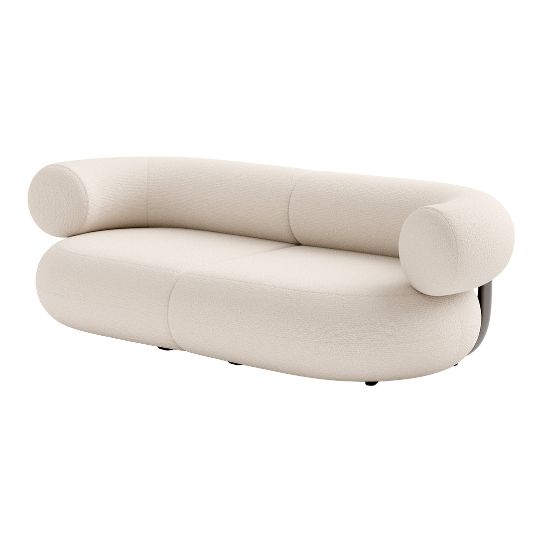 Cream-colored, minimalist sofa with smooth, rounded shapes and a sleek, modern design. Perfect for contemporary decor.