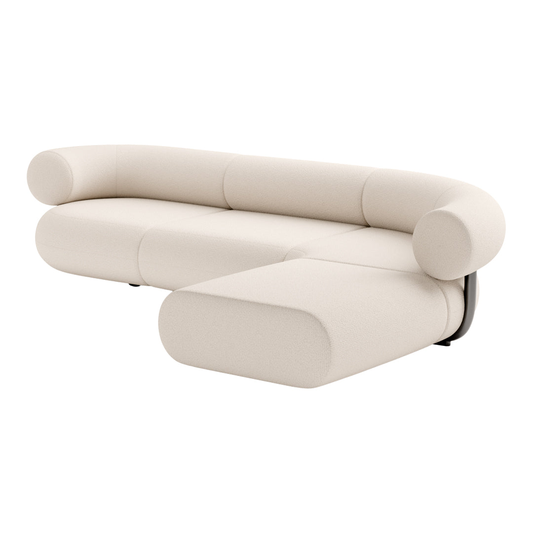 Cream-colored modern sofa with smooth curves and a minimalist design. Perfect for contemporary living spaces.
