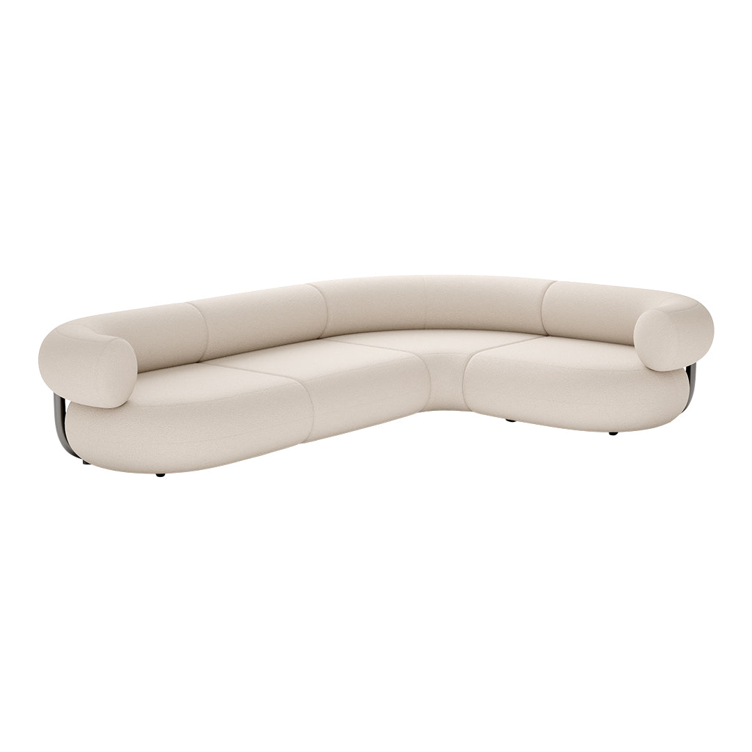 Curvy beige sofa with smooth, streamlined design and subtle texture, perfect for modern living spaces.