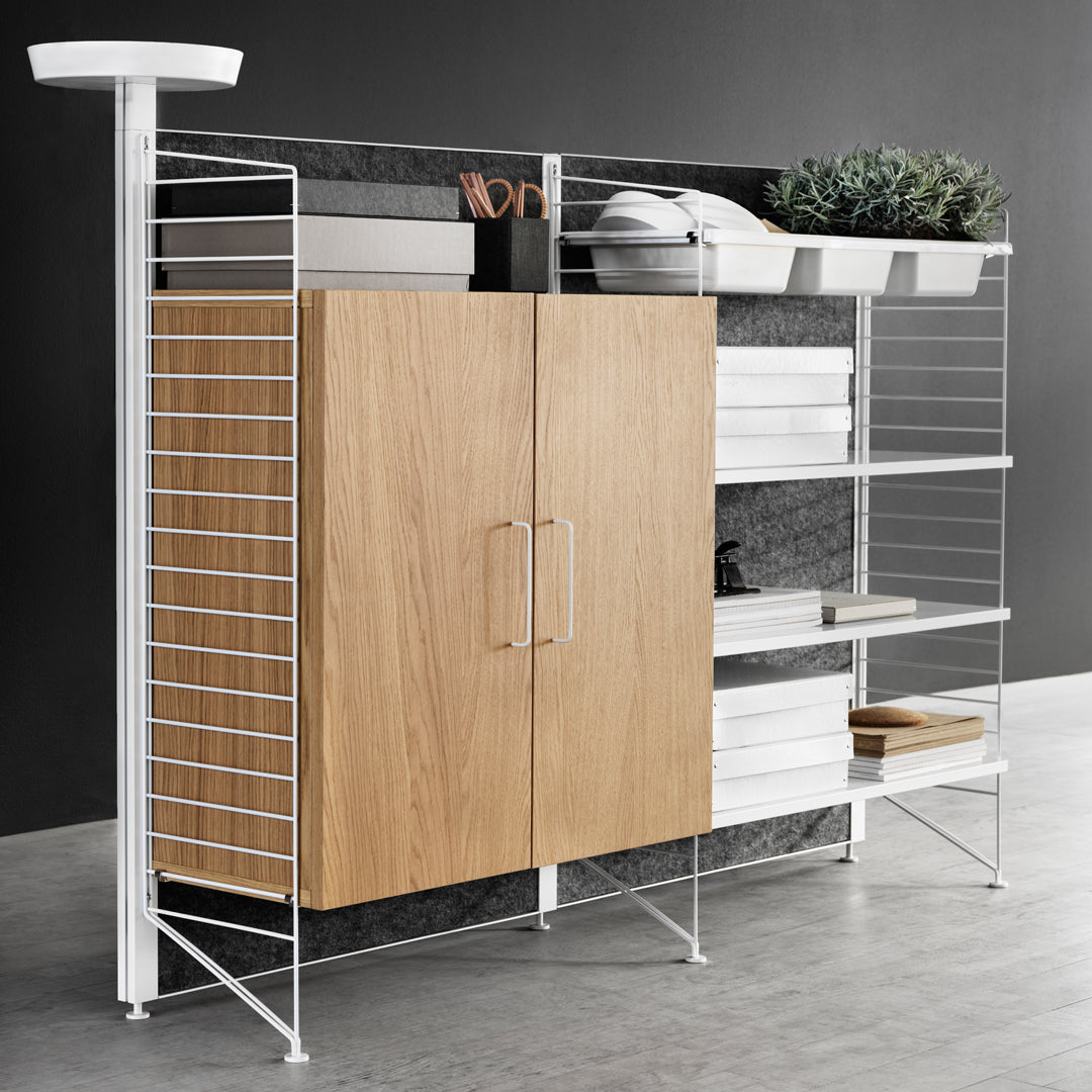 Modern shelving unit with wood grain finish and white metal frame, featuring elegant horizontal lines and minimalist design.