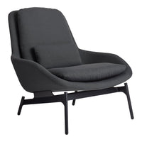 Stylish dark gray armchair with a sleek black frame, featuring soft, smooth upholstery and minimalist design.