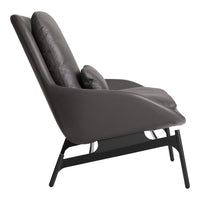 Gray leather lounge chair with sleek, modern design and black metal legs for a stylish addition to any space.