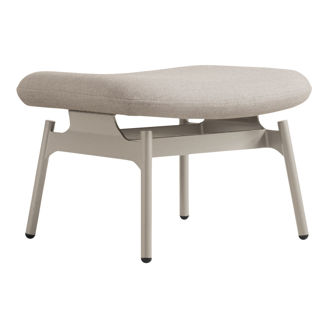 Beige upholstered ottoman with a sleek design and light gray legs. Modern and minimalist style for any decor.