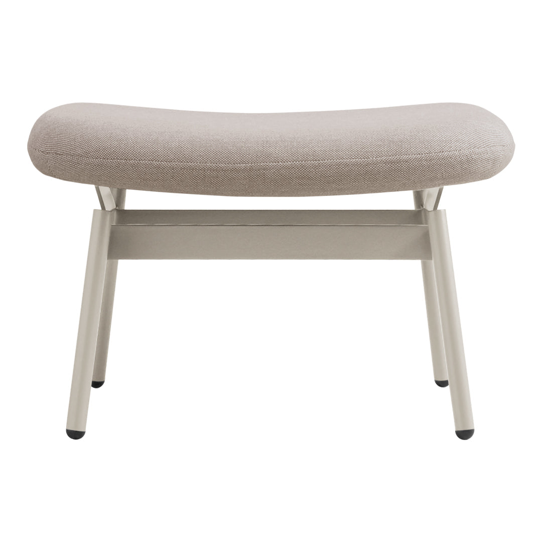 Light beige upholstered bench with a curved design and a simple, modern cream-colored metal frame.