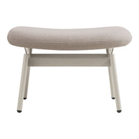 Light beige upholstered bench with a curved design and a simple, modern cream-colored metal frame.
