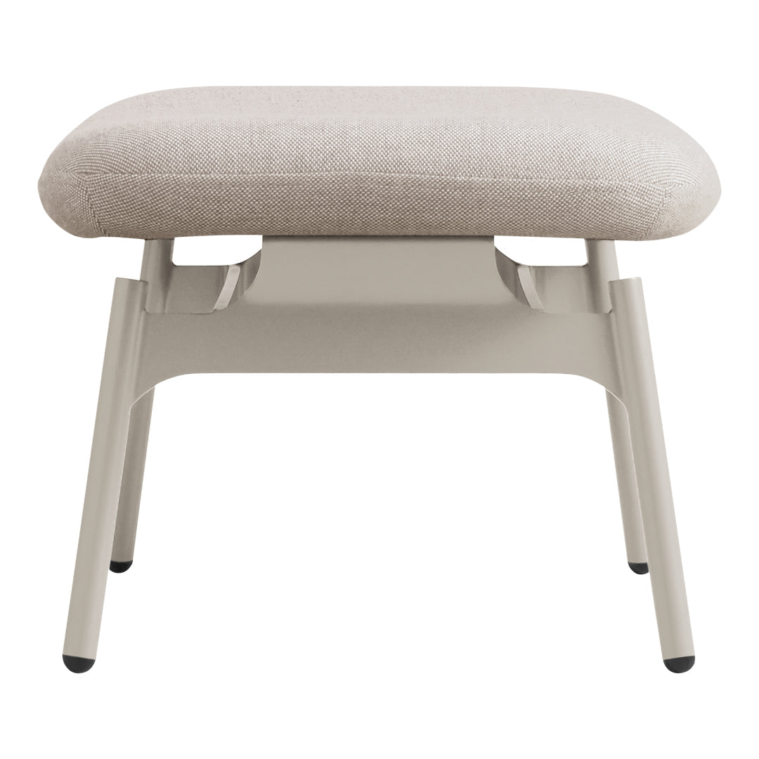 Beige upholstered ottoman with a smooth, minimalist design and light gray legs, ideal for modern decor.