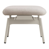 Beige upholstered ottoman with a smooth, minimalist design and light gray legs, ideal for modern decor.