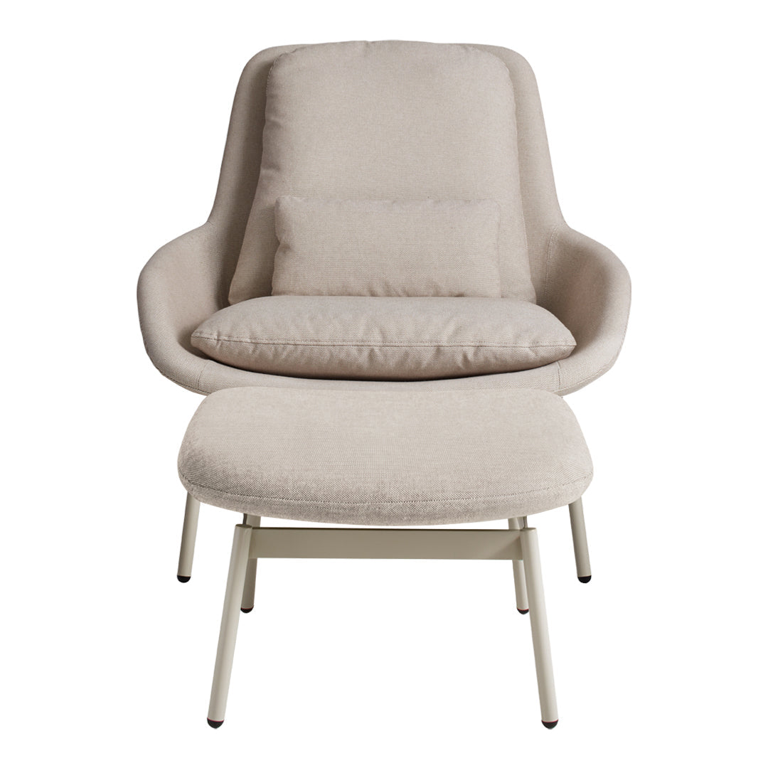 Beige upholstered chair with matching ottoman, featuring a smooth texture and minimalist design.