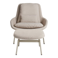 Beige upholstered chair with matching ottoman, featuring a smooth texture and minimalist design.