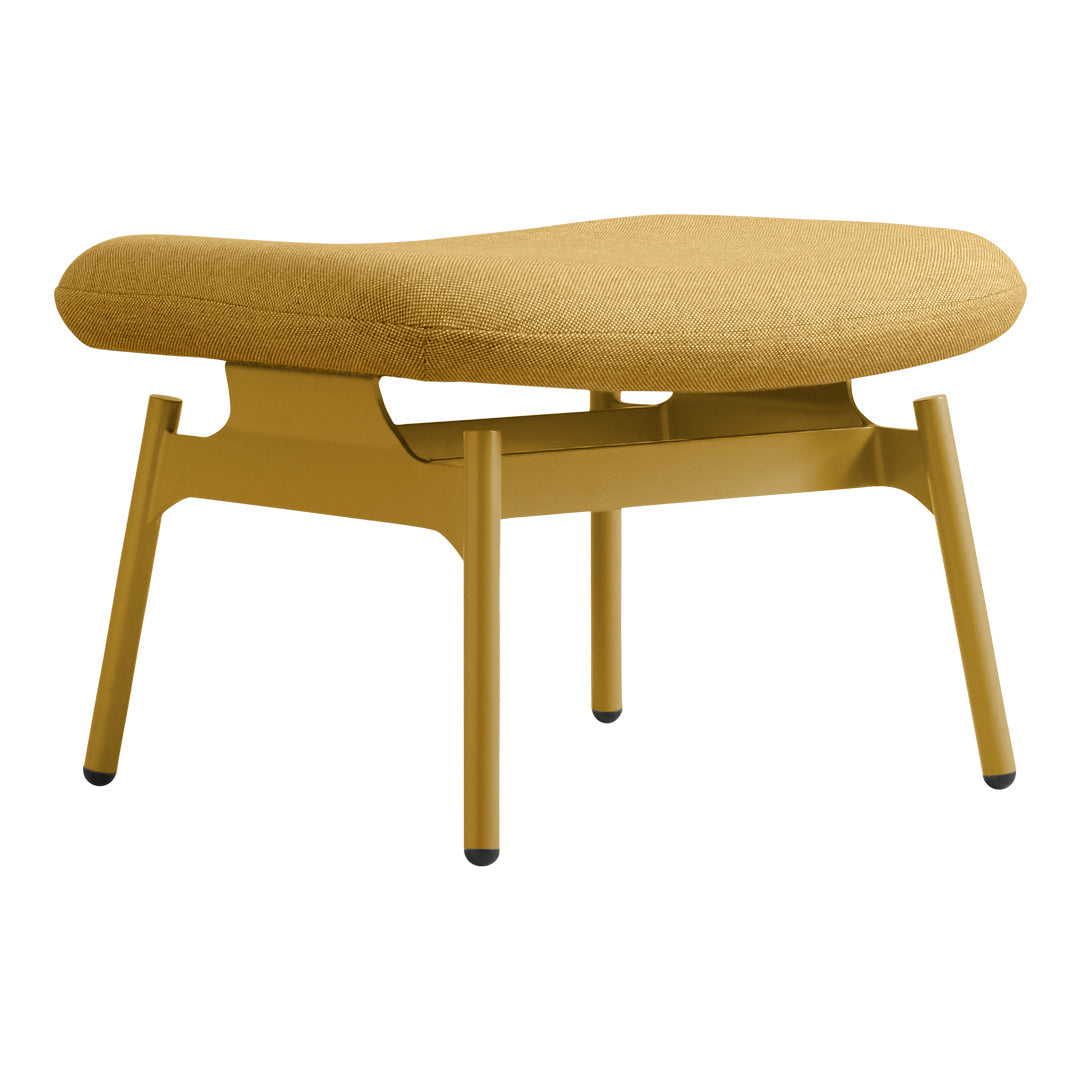 Stylish mustard yellow ottoman with a minimalist design and smooth, textured upholstery. Perfect for modern decor.