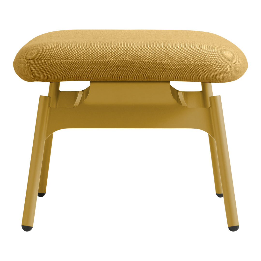 Yellow upholstered ottoman with a sleek metal frame and minimalist design. Perfect for modern interiors.