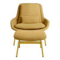 Stylish mustard yellow armchair with smooth upholstery and minimalistic design, complemented by a matching footrest.