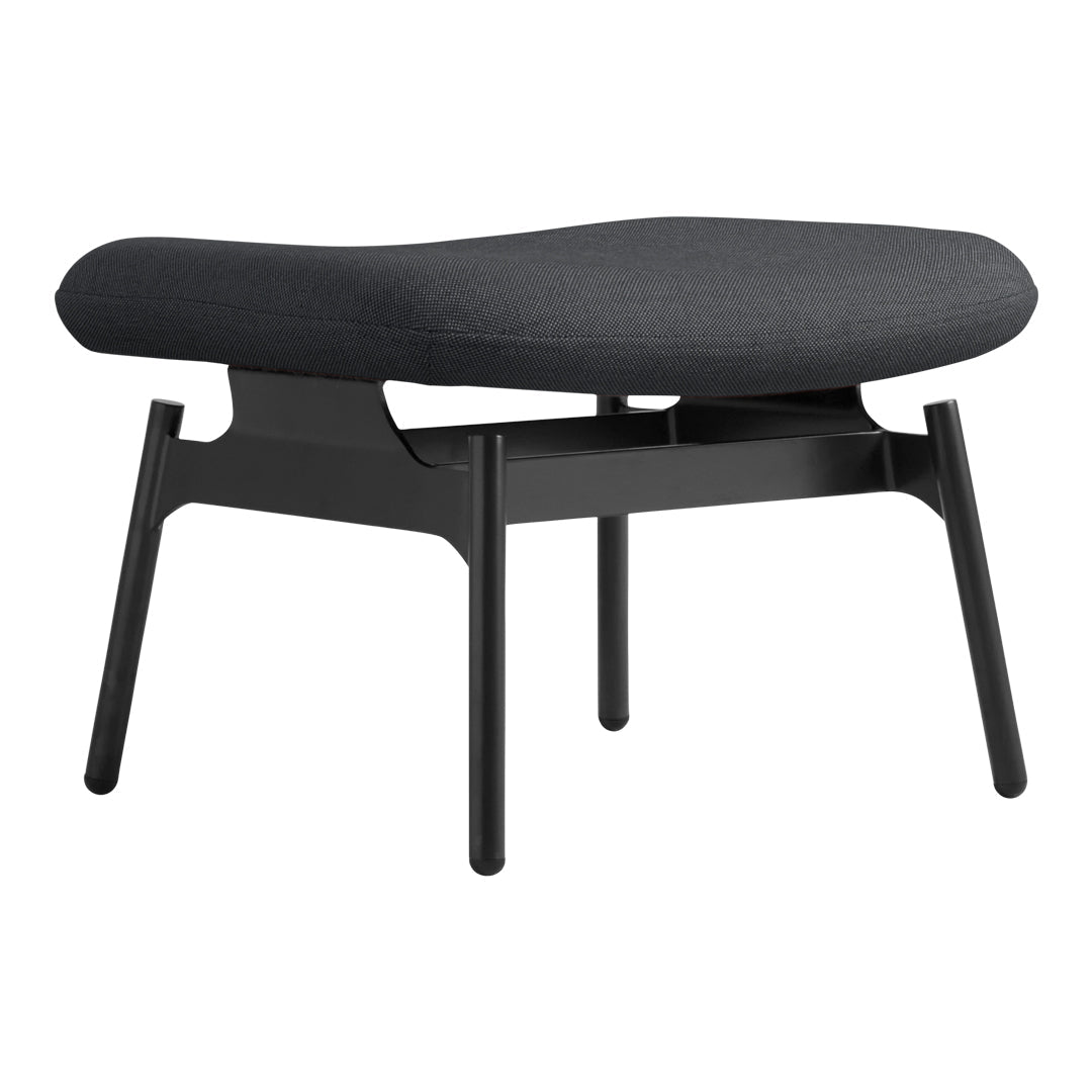 Modern black ottoman with a smooth gray fabric cushion and sleek wooden legs, perfect for contemporary decor.