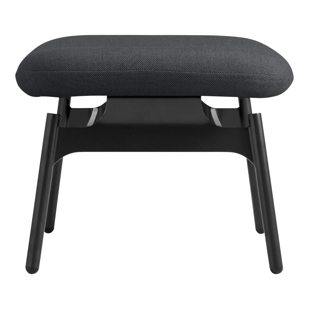 Modern black ottoman with a smooth charcoal gray cushion and sleek black legs. Stylish minimalist design.