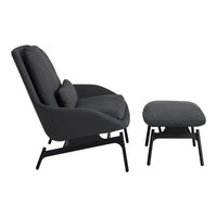 Modern black lounge chair and matching ottoman with smooth fabric and minimalist design. Perfect for stylish interiors.