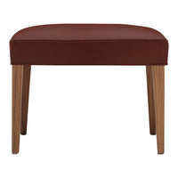 Brown upholstered stool with wooden legs, featuring a sleek, contemporary design and rich color contrast.