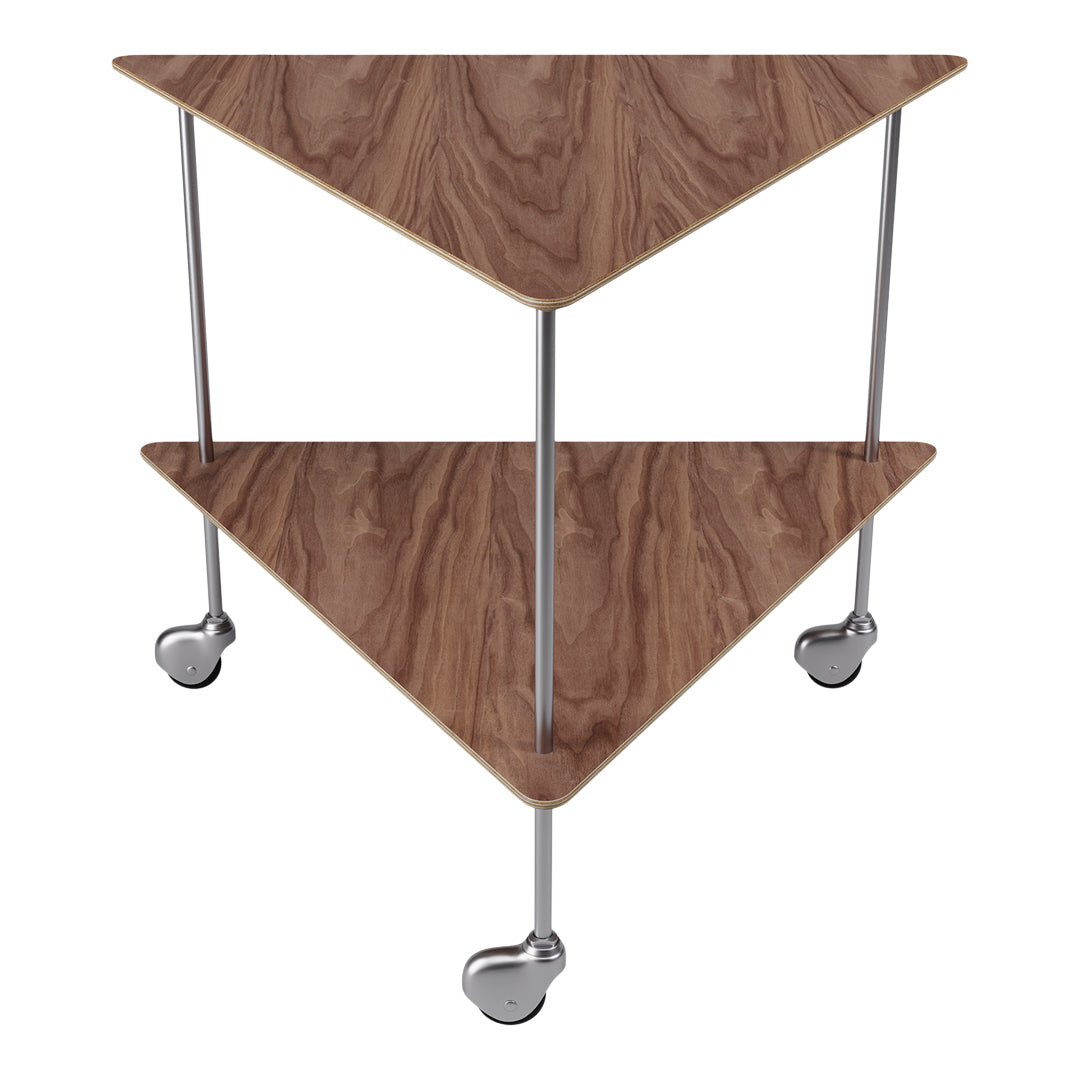 Brown wood grain patterned shelves with sleek metal legs and heart-shaped casters on a modern triangular end table.