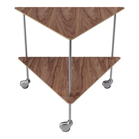 Brown wood grain patterned shelves with sleek metal legs and heart-shaped casters on a modern triangular end table.