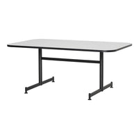 Gray rectangular table with a smooth surface and sleek black metal legs, perfect for modern settings.