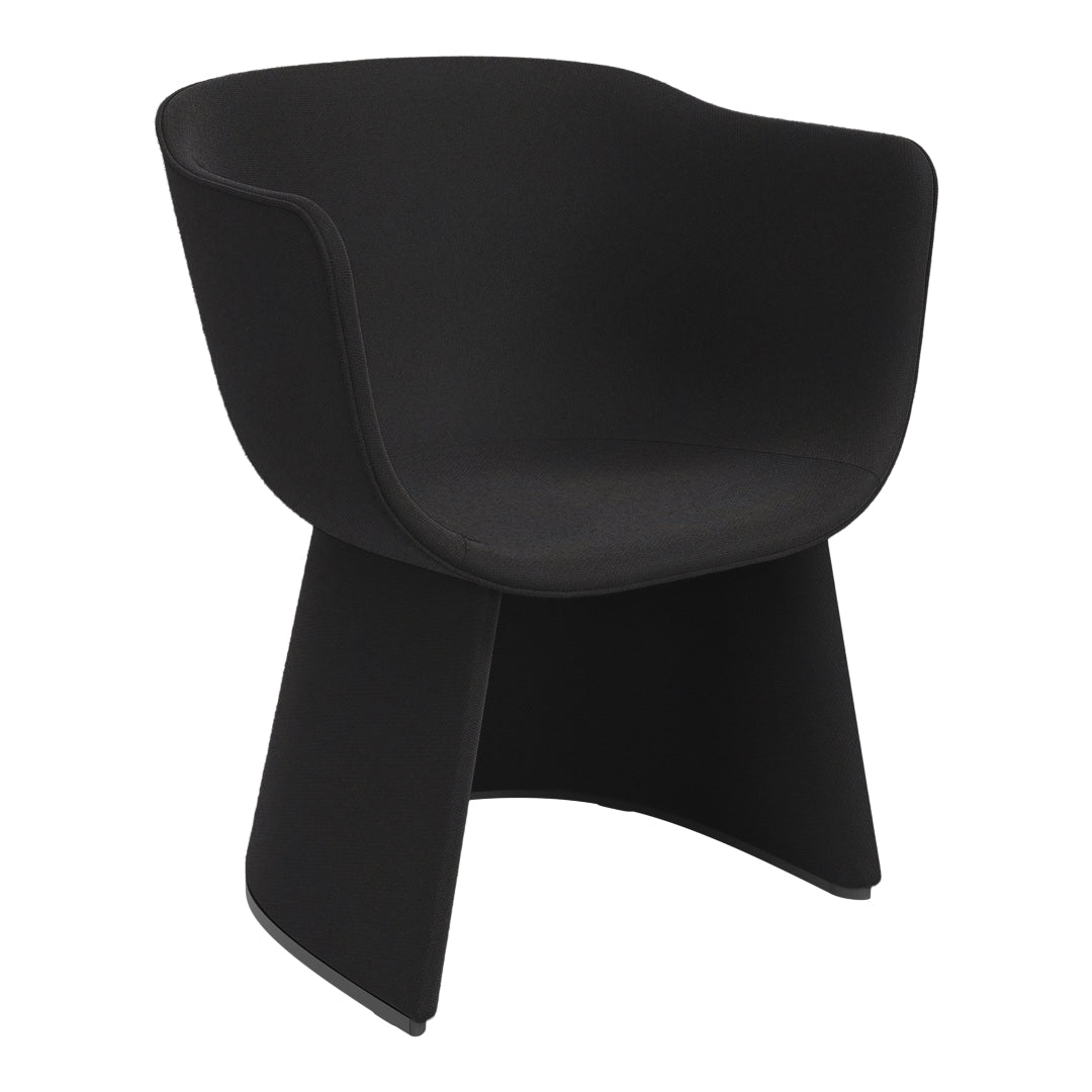 Black modern armchair with a smooth, minimalist design and sleek lines, perfect for contemporary decor.