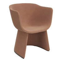 Brown molded chair with a smooth, minimalist design and rounded edges. Modern style complements various interior decors.