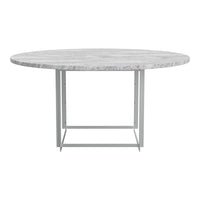Round gray concrete dining table with a textured surface and sleek silver metal legs. Modern and stylish design.