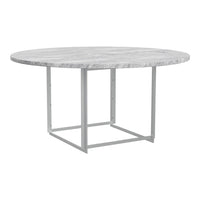 Round table with a textured gray marble top and a sleek silver metal base. Modern design with minimalist aesthetics.