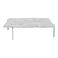 White marble coffee table with subtle gray veining and sleek metal legs. Modern minimalist design for any living space.