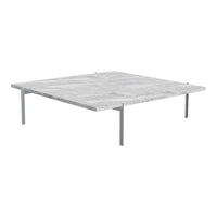 Square marble coffee table with a white and gray patterned top and sleek silver legs. Ideal for modern decor.