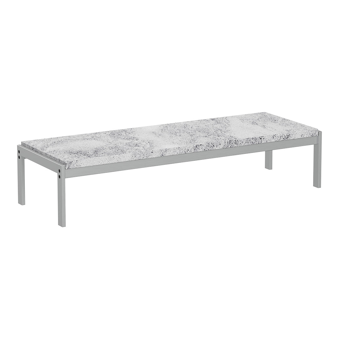 Gray marble patterned tabletop with silver metal legs, showcasing a modern, minimalist design.