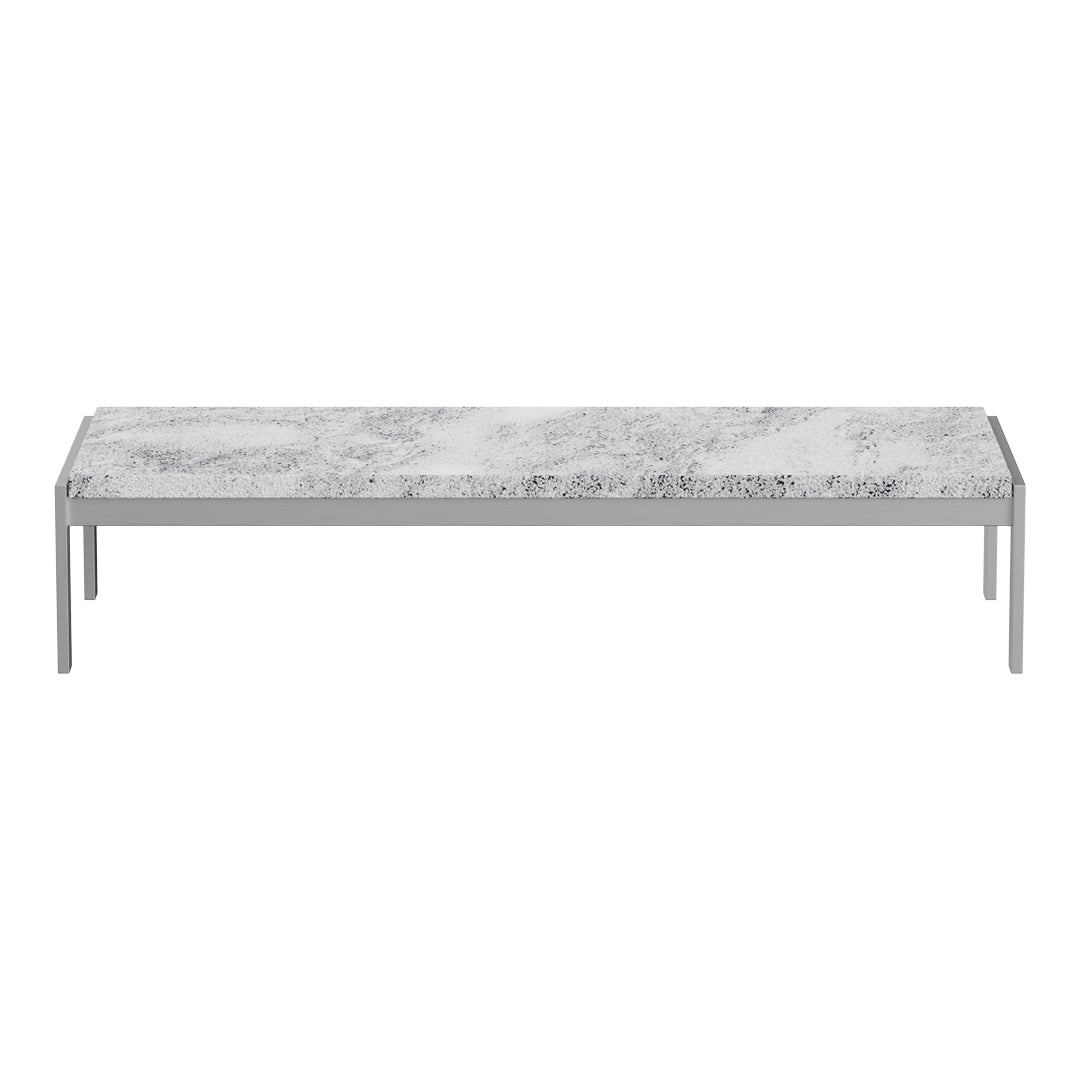 Gray marble tabletop with subtle white veining, supported by a sleek silver metal frame.