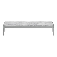 Gray marble tabletop with subtle white veining, supported by a sleek silver metal frame.