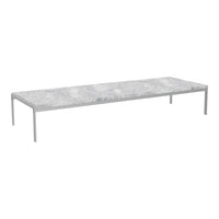 Gray marble surface with subtle white veining, complemented by a sleek silver metal frame. Modern and minimalist design.