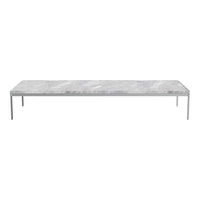 Sleek silver metal frame with a smooth white and gray marbled tabletop, perfect for modern decor.
