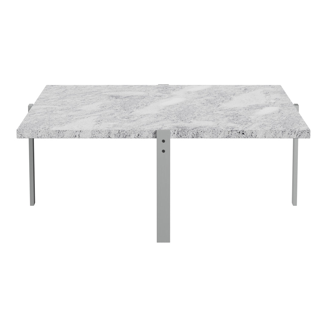 Gray marble tabletop with subtle white veining, supported by sleek silver metal legs. Modern and elegant design.