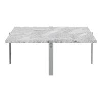 Gray marble tabletop with subtle white veining, supported by sleek silver metal legs. Modern and elegant design.