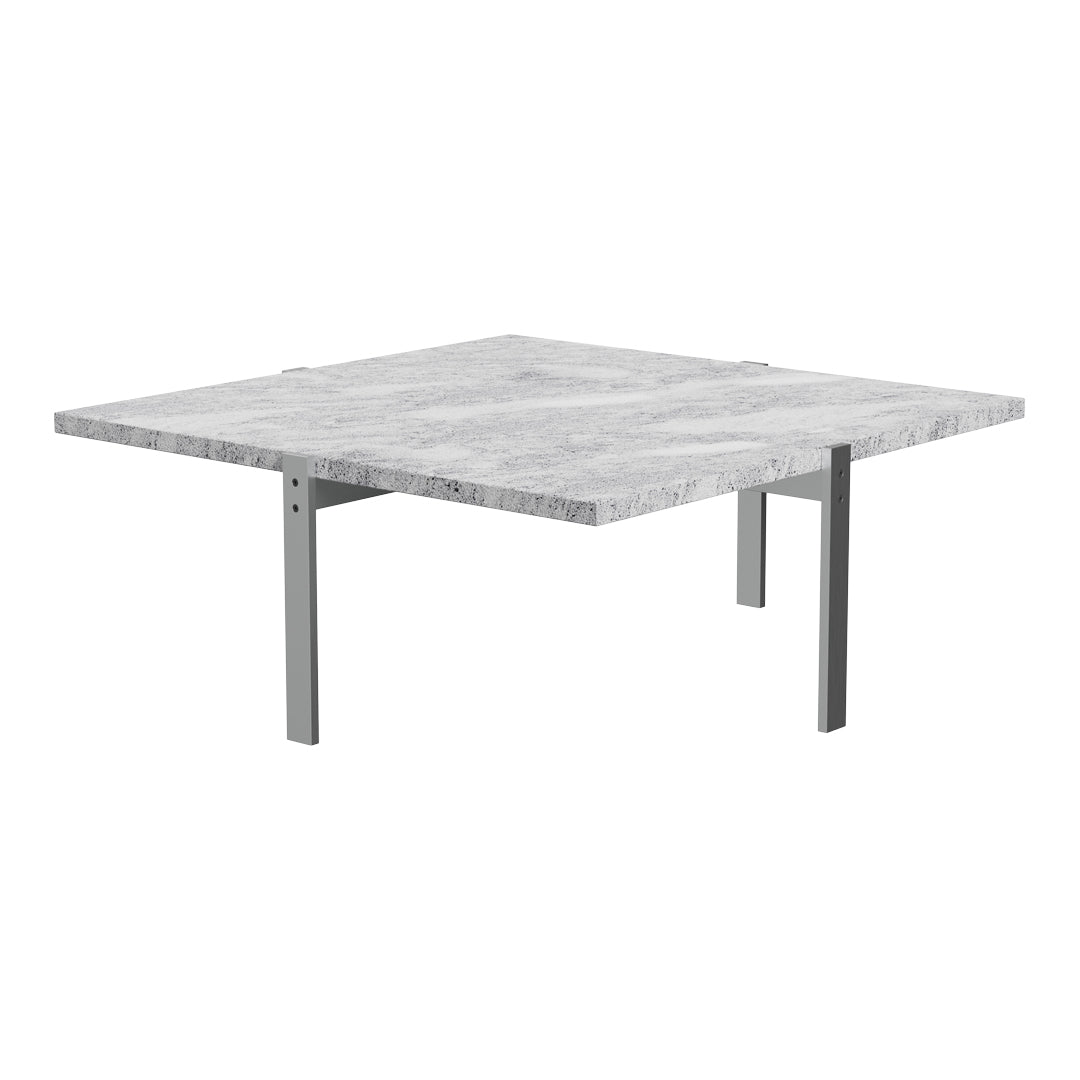 Gray marble tabletop with subtle white veins, supported by sleek metallic legs. Modern and elegant design for any space.