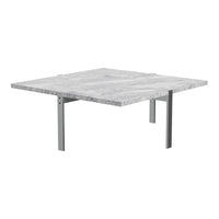 Gray marble tabletop with subtle white veins, supported by sleek metallic legs. Modern and elegant design for any space.