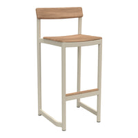 Bar stool featuring a natural wood seat and backrest with a sleek white metal frame. Stylish and modern design.