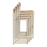 Stacked bar stools in cream with natural wood slats, featuring a sleek, minimalist design.