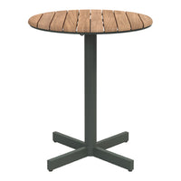 Round wooden table with a natural wood slatted top and dark gray metal base, perfect for outdoor or indoor use.