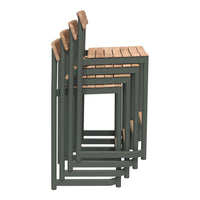 "Stack of four green barstools with natural wood seat slats, showcasing a sleek, modern design."