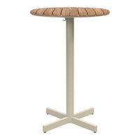 Round wooden tabletop in natural tones on a cream metal base with a minimalist design. Ideal for modern spaces.