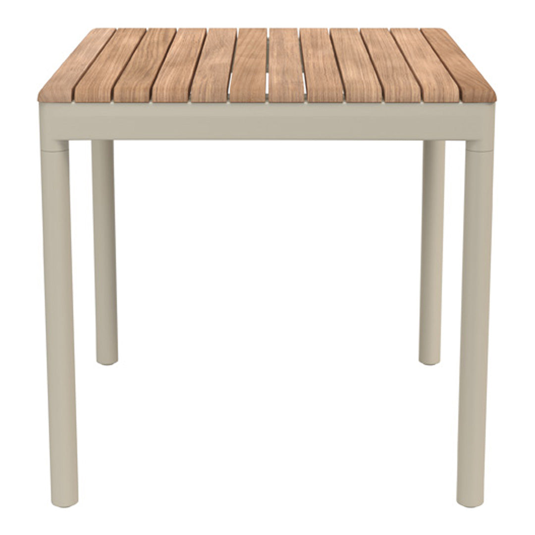 Light beige table with a wooden slatted top, featuring a natural wood grain pattern. Perfect for outdoor decor.